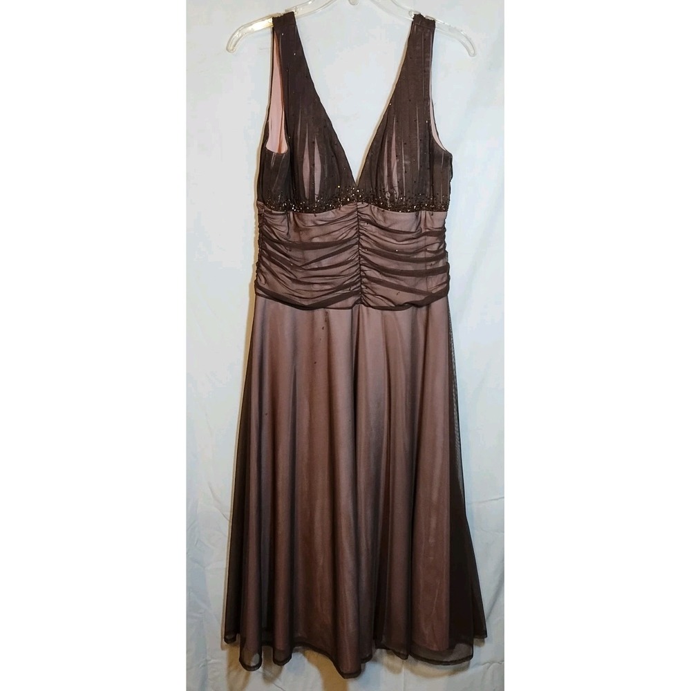 JS Boutique Womens Brown Sleeveless V-Neck Formal Beaded Fit & Flare Dress Sz 10